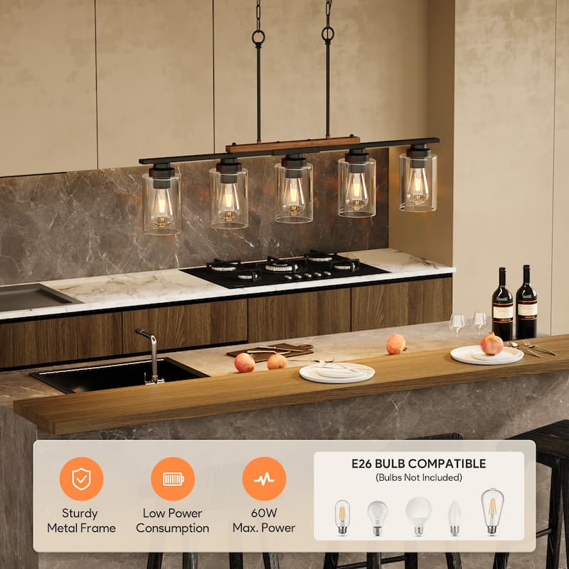 5-Light Kitchen Island Linear Pendant Light Fixture Matte Black