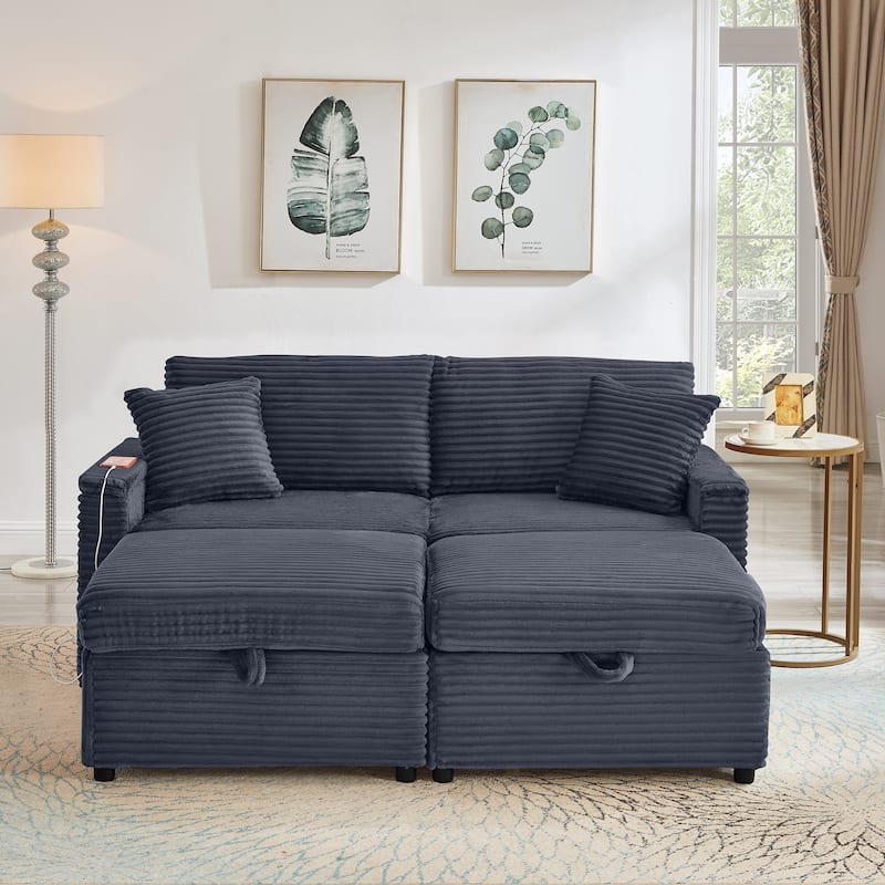 Modular Chaise Sleeper Sofa Bed, Corduroy Loveseat Couch & Storage Ottomans Set with Folding Table Boards and USB Ports