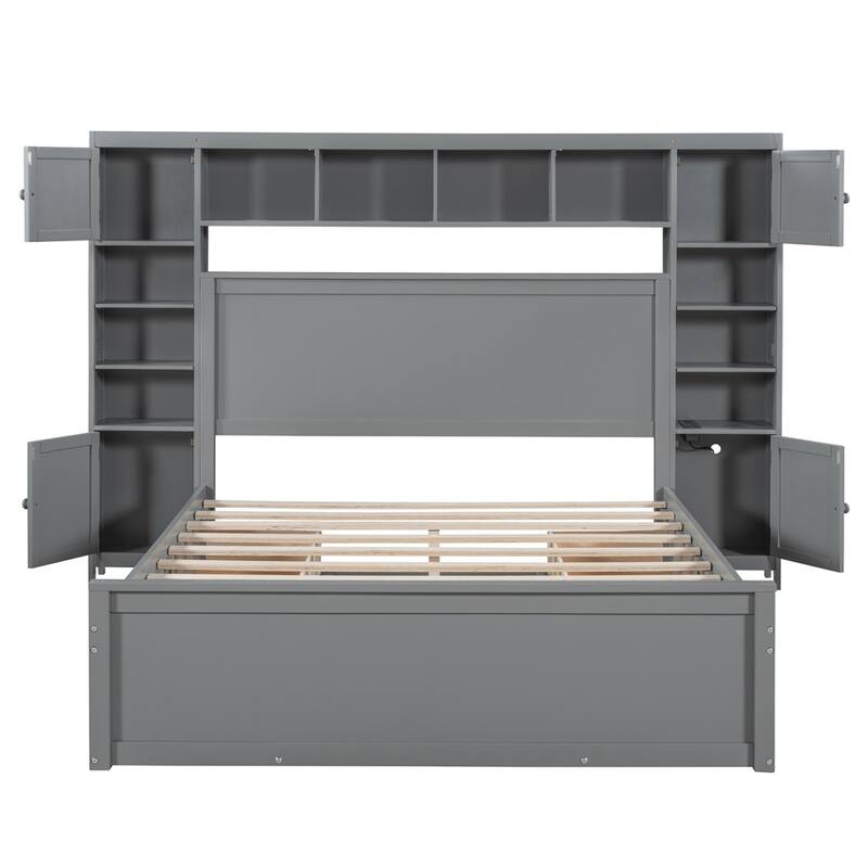 Queen Size Wooden Bed With All-in-One Cabinet, Shelf and Sockets