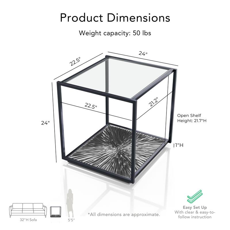 247 Shop At Home Aureum Modern 1-Shelf End Table with Sunburst Base and Tempered Glass Top