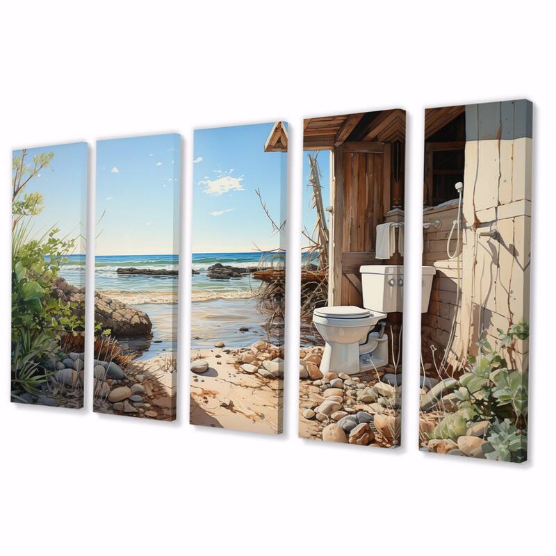 Designart "Bathroom Toilet Coastal Escape II" Bath & Laundry Multipanel Canvas Print set