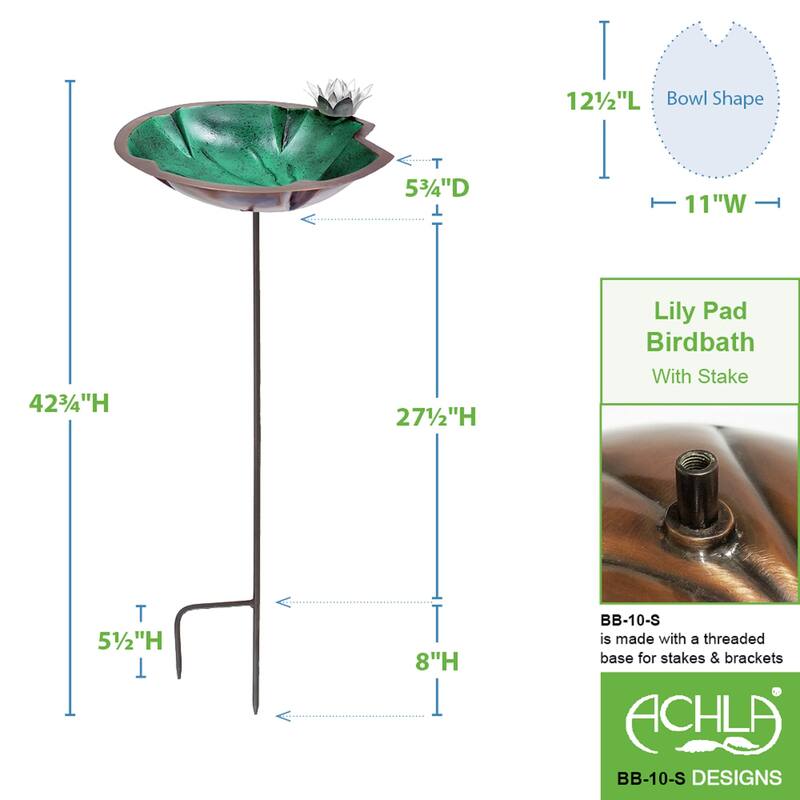 Achla Designs Lilypad Birdbath w/White Flower and Stake, 41.75 Inch Tall, Antique Copper Plated and Colored Patina Finish