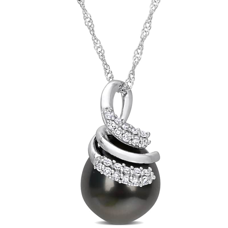 Miadora Black Tahitian Cultured Pearl & 1/10ct TDW Diamond Drop Pendant in 14k White Gold (9-10mm)