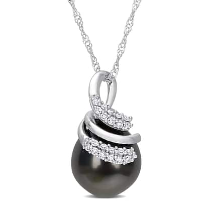 Miadora Black Tahitian Cultured Pearl & 1/10ct TDW Diamond Drop Pendant in 14k White Gold (9-10mm)
