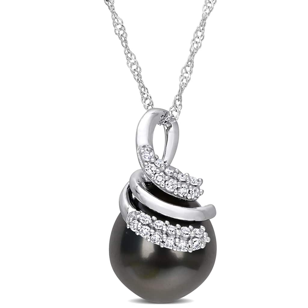 Miadora Black Tahitian Cultured Pearl & 1/10ct TDW Diamond Drop Pendant in 14k White Gold (9-10mm)