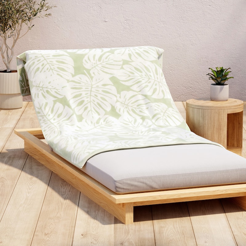 Linery & Co. 100% Cotton Oversized Summer Beach Towels - Single Oversized - 36" x 68" - Sage Green / Light Sage Green Leafy Palm