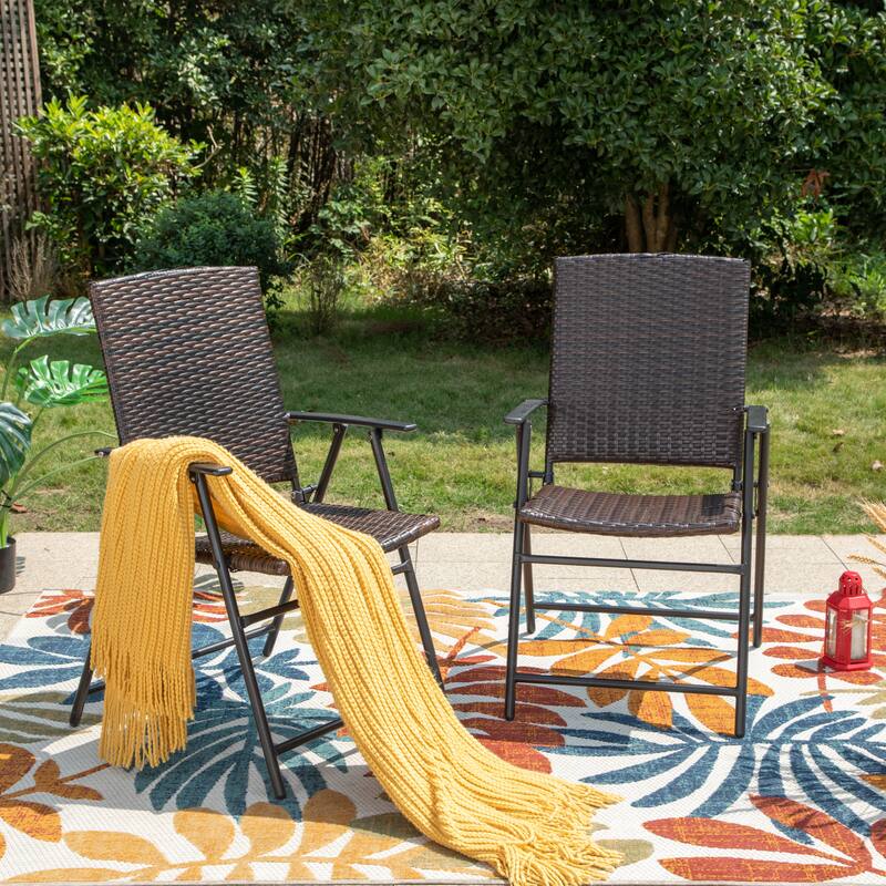 Outdoor Wicker Patio Folding Dining Chairs Set of 2, Adjustable Patio Rattan Recliner Wicker Chairs with High Backrest - Set of 2