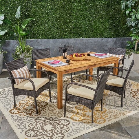 Elmar Outdoor 7 Piece Wood and Wicker Expandable Dining Set by Christopher Knight Home