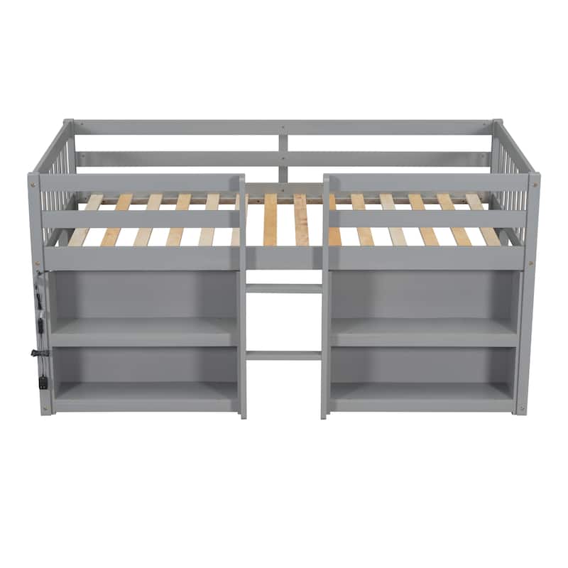 Solid Pine Twin Loft Bed, Wooden Kids Low Loft Bed with 2 Tier Shelves and LED Light, Low Loftbed Frame with Under Bed Storage