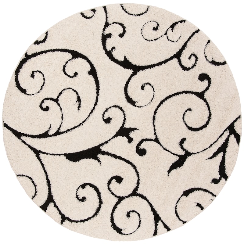 SAFAVIEH Florida Shag Shahin Scroll 1.2-inch Thick Textured Rug - 4' Round - Ivory/Black