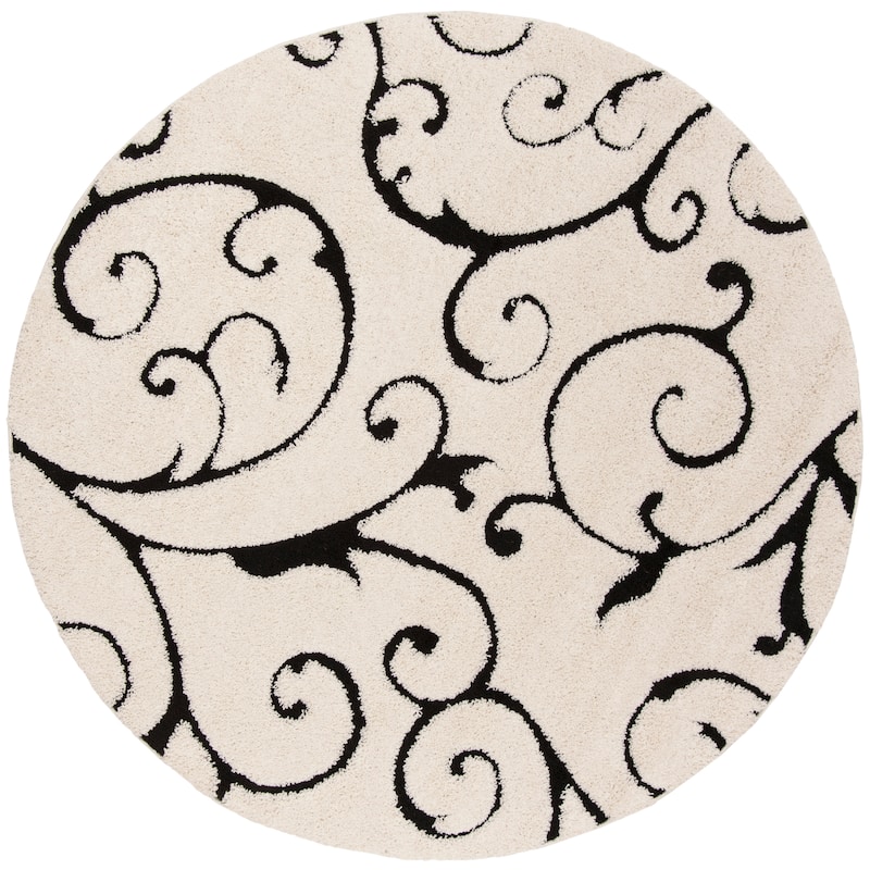 SAFAVIEH Florida Shag Shahin Scroll 1.2-inch Thick Textured Rug - 11' x 11' Round - Ivory/Black
