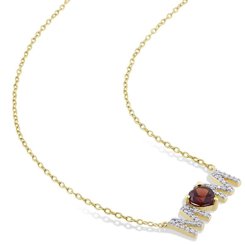 Miadora Heart Garnet and 1/10ct TDW Diamond "MOM" Station Necklace in Yellow Plated Sterling Silver