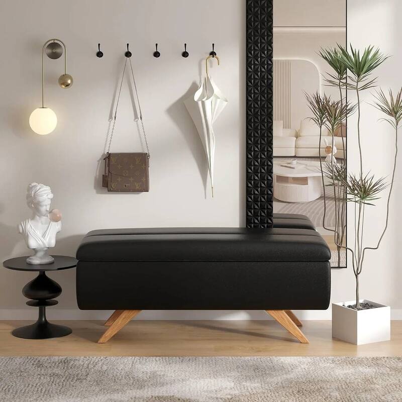 Mid Century Faux Leather Storage Bench Ottoman with Flip Top Lid - 15.4"D x 44.1"W x 16.7"H