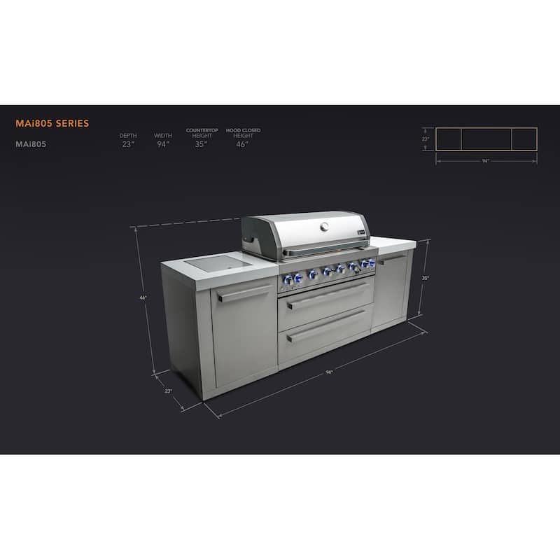 Mont Alpi MAi805 44-inch 6-Burner 115000 BTU Stainless Steel Gas Outdoor Kitchen Bar Barbecue Modular Island Grill - Silver - Natural Gas/Propane Gas
