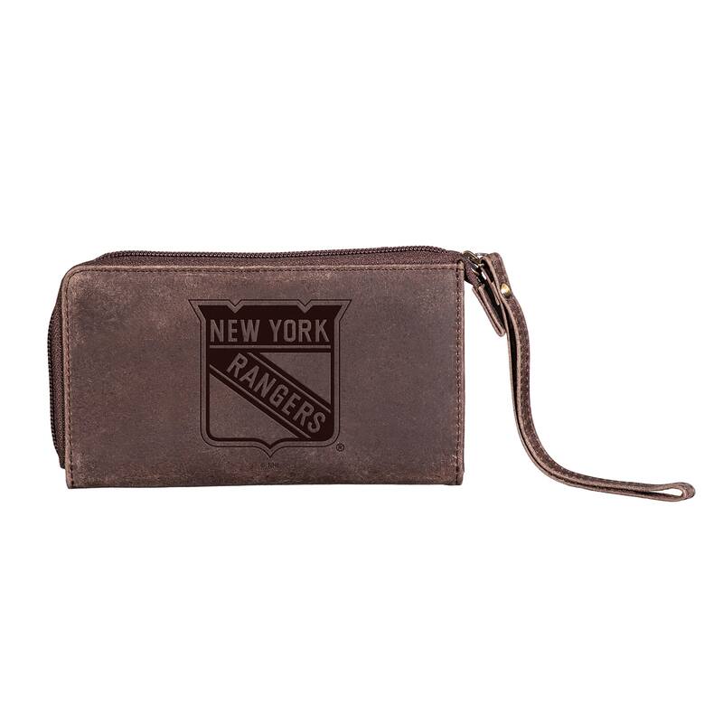 Brown Leather Cell Phone Wristlet Wallet, New York Rangers - 4" x 7"
