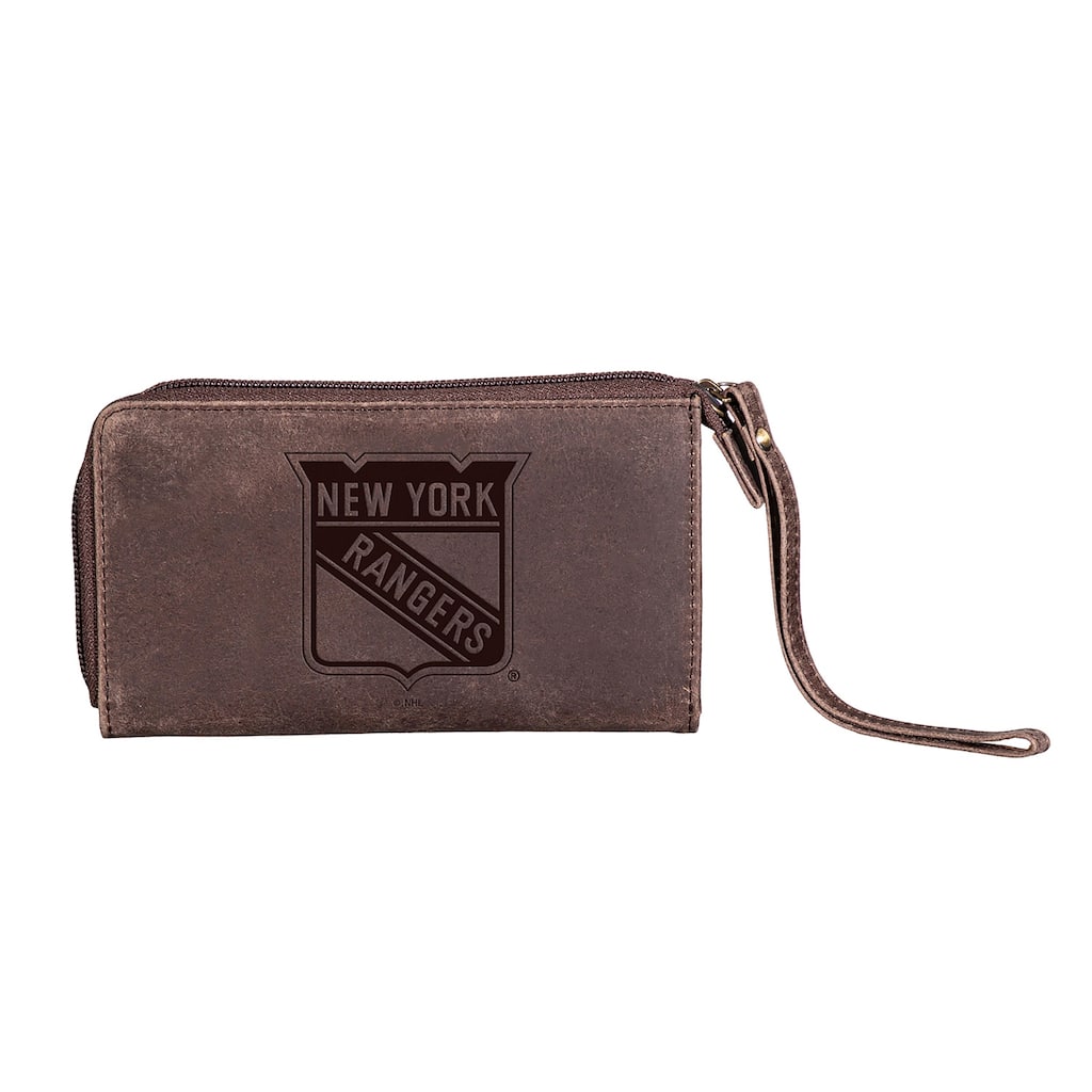 Brown Leather Cell Phone Wristlet Wallet, New York Rangers - 4" x 7"