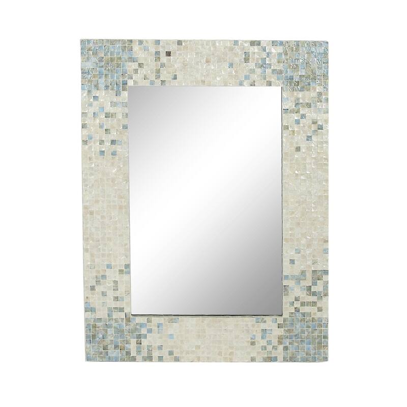 Cream Mother of Pearl Shell Handmade Mosaic Room Wall Mirror with Blue Corners