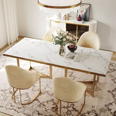 Modern Marble Dining Table with White Rectangular Tabletop Gold Stainless Legs, Dining Room Table for 4-6 - 63"