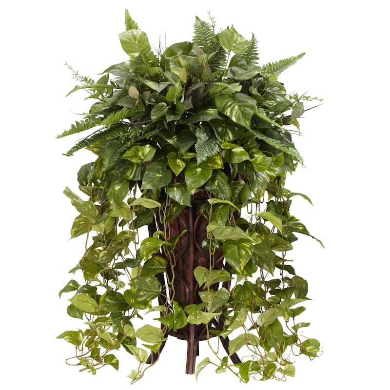 Silk Plant with Stand - Art Deco Greenery Decor - Lush Foliage Arrangement - 25"W x 36"H Indoor DÃ©cor - 3ft.
