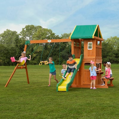 Backyard Discovery Oakmont Cedar Wood Swing Set, Wave Slide, Clubhouse - 103 In. H x 168 in. x w 135 in. L