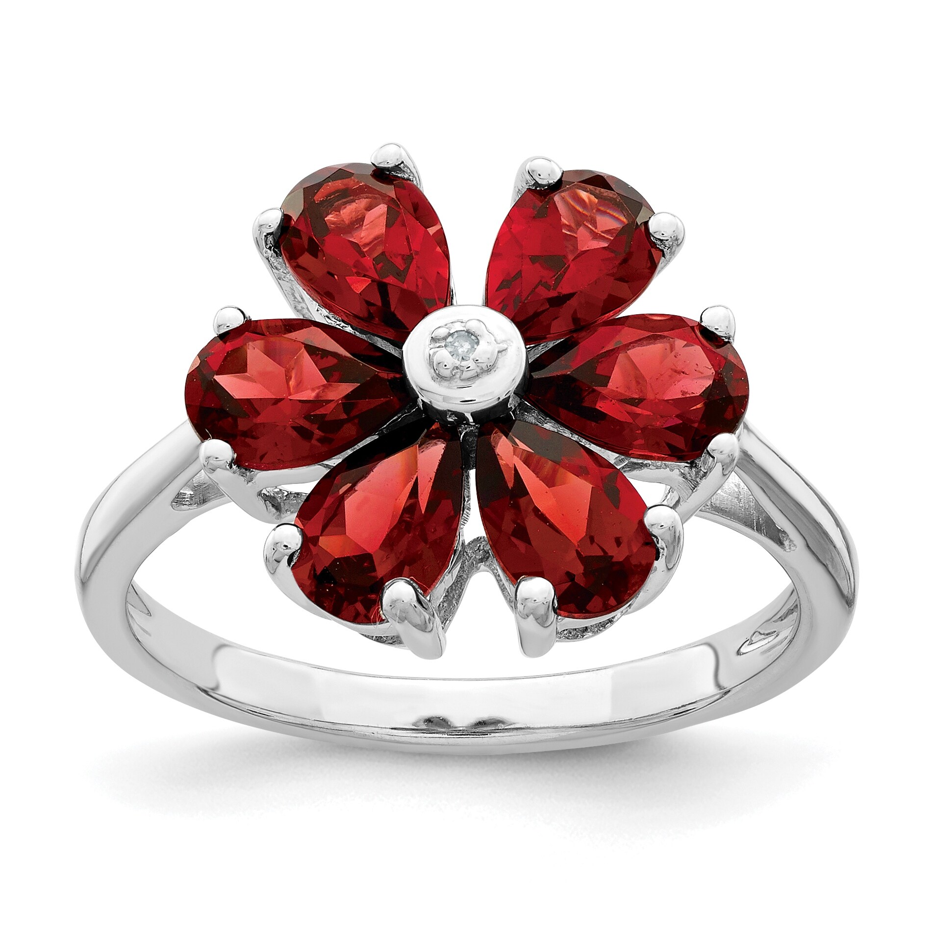Sterling Silver Rhodium-plated Garnet and Diamond Flower Ring by Versil