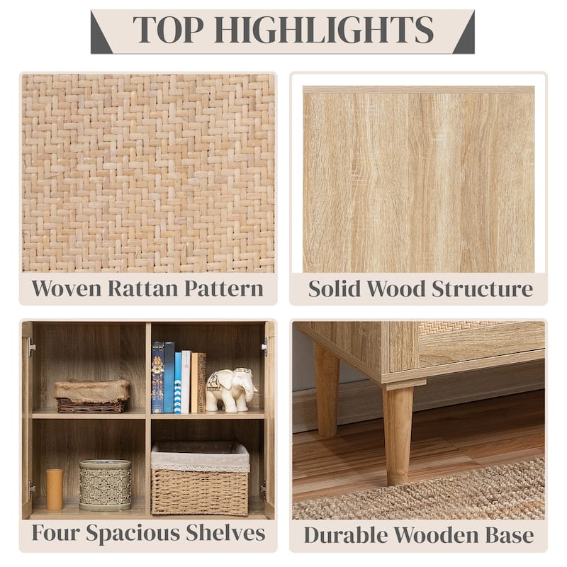 Premium Rattan Storage Cabinet with 2 Doors and Golden Handles