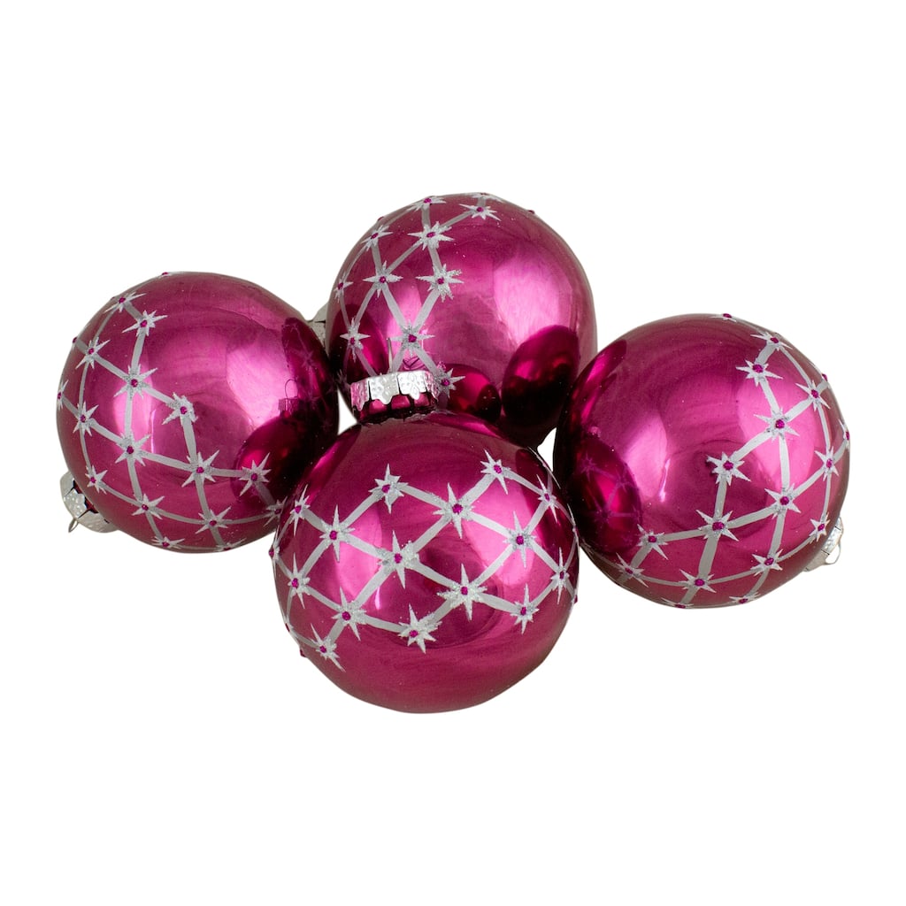 Set of 4 Pink Glass Ball Christmas Ornaments 3.25-Inch (80mm) - 3.25"