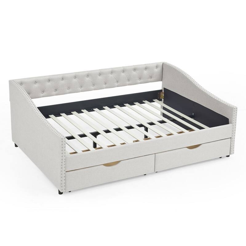 Full Upholstered Daybed with Storage Drawers,Button Tufted and Nailhead Trim,Solid Wood Frame