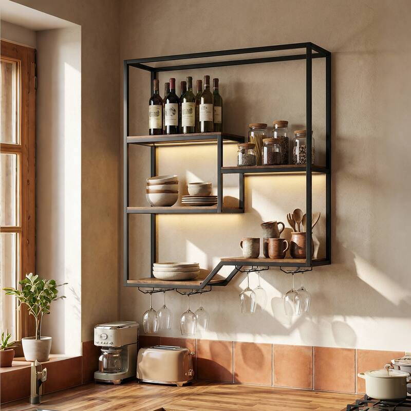 Gymax Wall Mounted Wine Rack 6-Tier Hanging Bar Shelf w/ Bottle