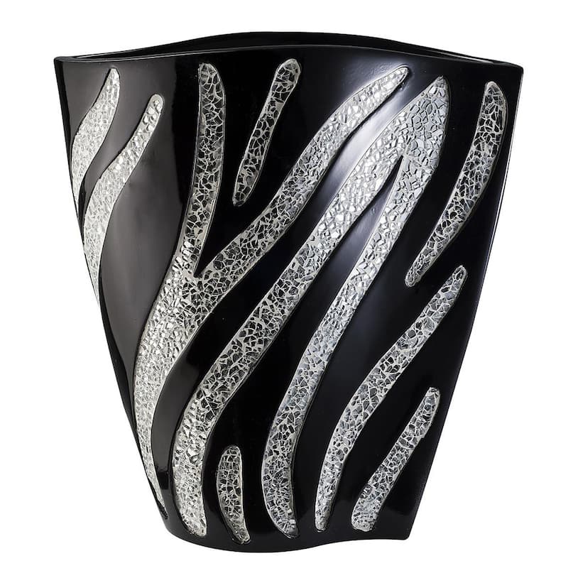 14" Black and Silver Striped Wavy Polyresin Table Vase for Home Decor