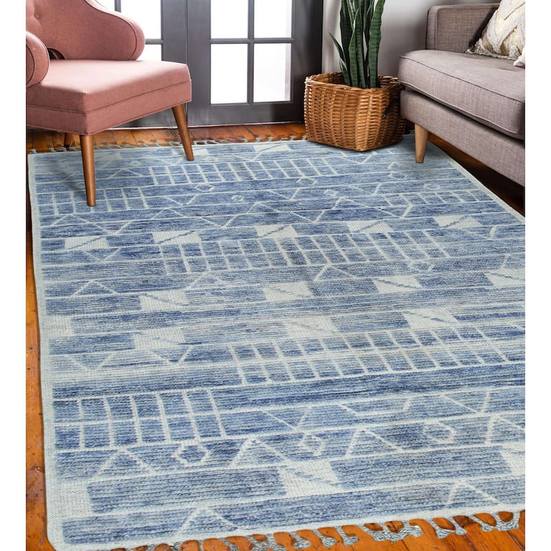 Home Decor Blue Hand-Knotted Wool Contemporary Marrakech Handspun Area Rug Stylish and Elegant Rug for Living Room, Bedroom