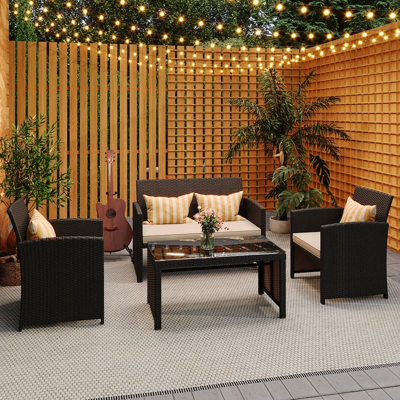 EROMMY 4-Piece Patio Furniture Set with Cushions, Wicker Sofa and Glass Coffee Table, All-Weather PE Rattan Conversation Set.