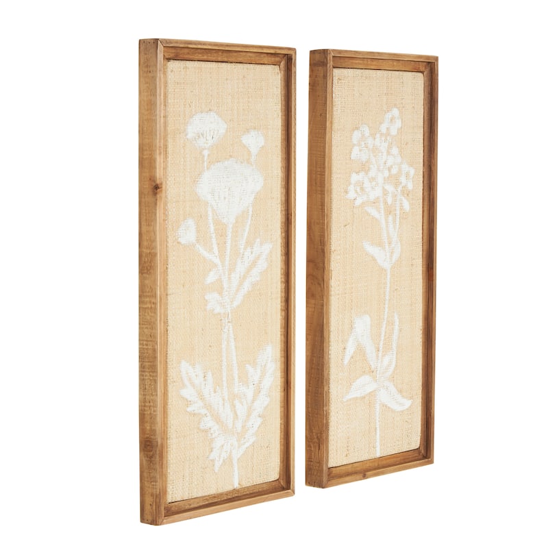 Cream Wood Textured Floral Home Wall Decor with White Painted Accents (Set of 2)