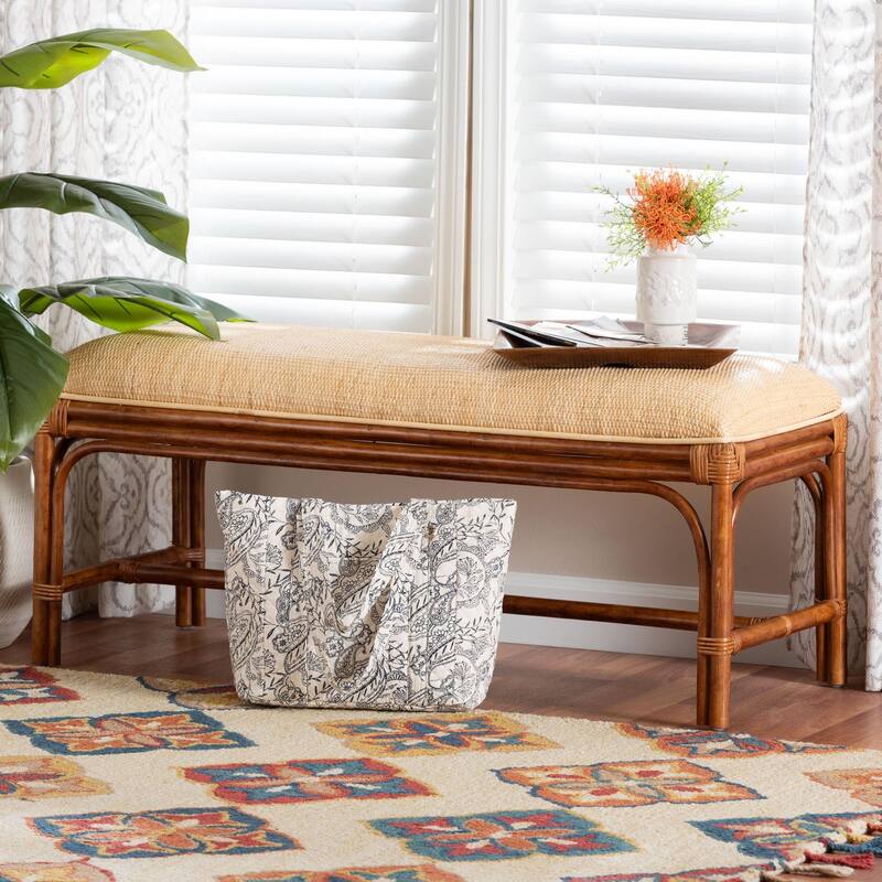 Belen Marbled Tortoise Natural Rattan Bench - Handwoven Wicker Seating, Coastal and Tropical Accent Furniture