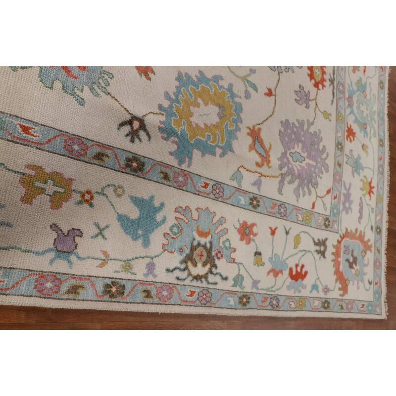 Beige Transitional Floral Oushak Area Rug Hand-Knotted Wool Carpet - 8'9" x 12'0"