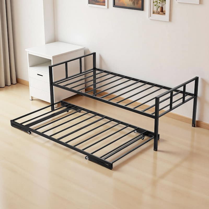 Twin Daybed Frame with Trundle and Metal Slats for Guest Rooms - Black
