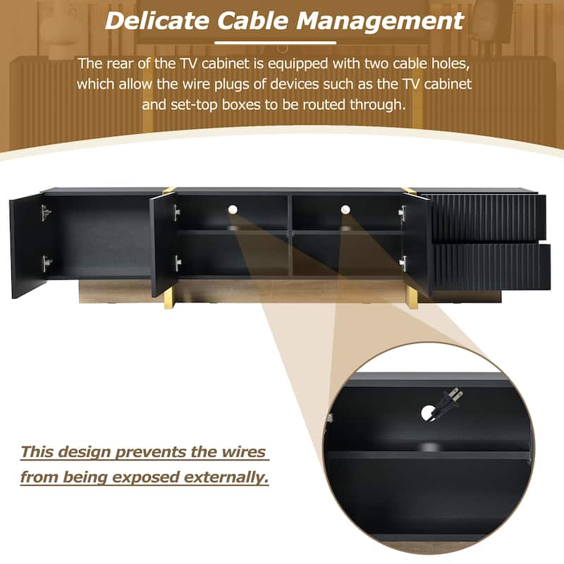 Black 74.7" TV Stand with Storage Cabinets, Drawers and Golden Wood Grain Legs for TVs Up to 80"