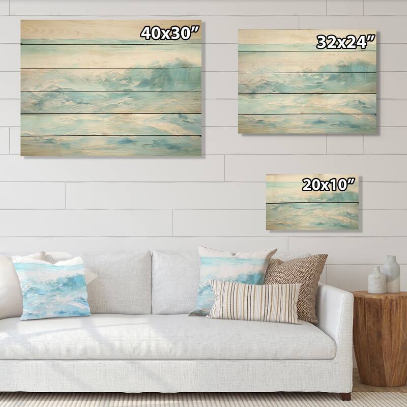 DESIGN ART "Blue And White Simplicity Beach" Coastal Waves Wood Wall Decor - Blue Wood Panel On Natural Pine Wood