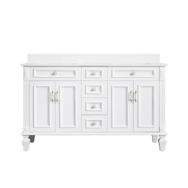 35'' H Solid Wood Bath Vanity with Stain-resistant Carrera White Quartz Top and Double Sink