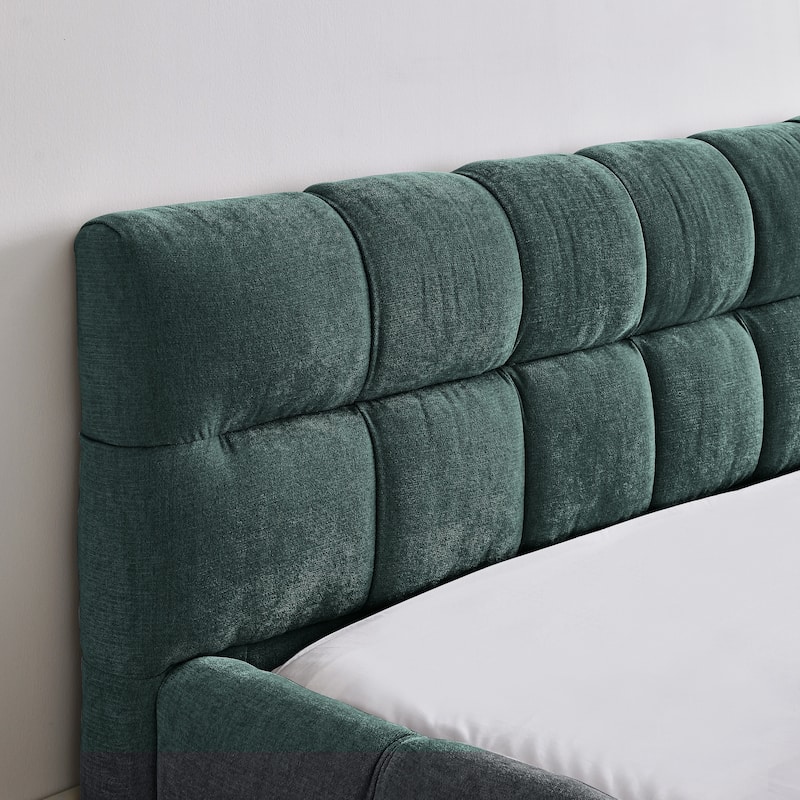 Block Thick Chenille Low Profile Platform Bed Fabric Upholstered Bedframe with Headboard Solid Wood Frame - Optional Storage Bed