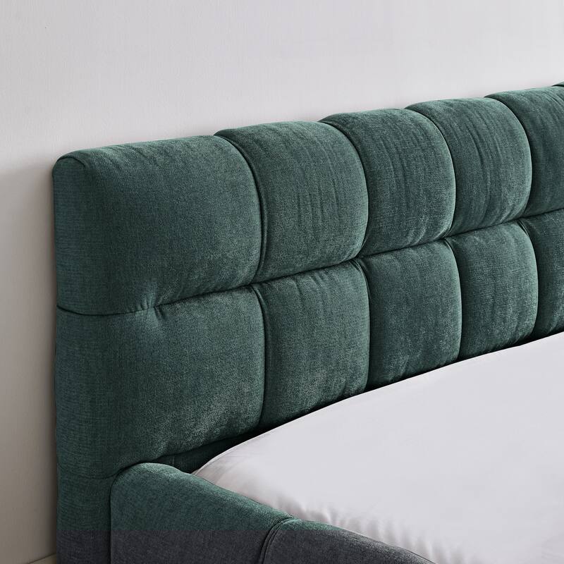 Chenille Fabric Grounded Queen Size Platform Bed with Headboard and Solid Frame