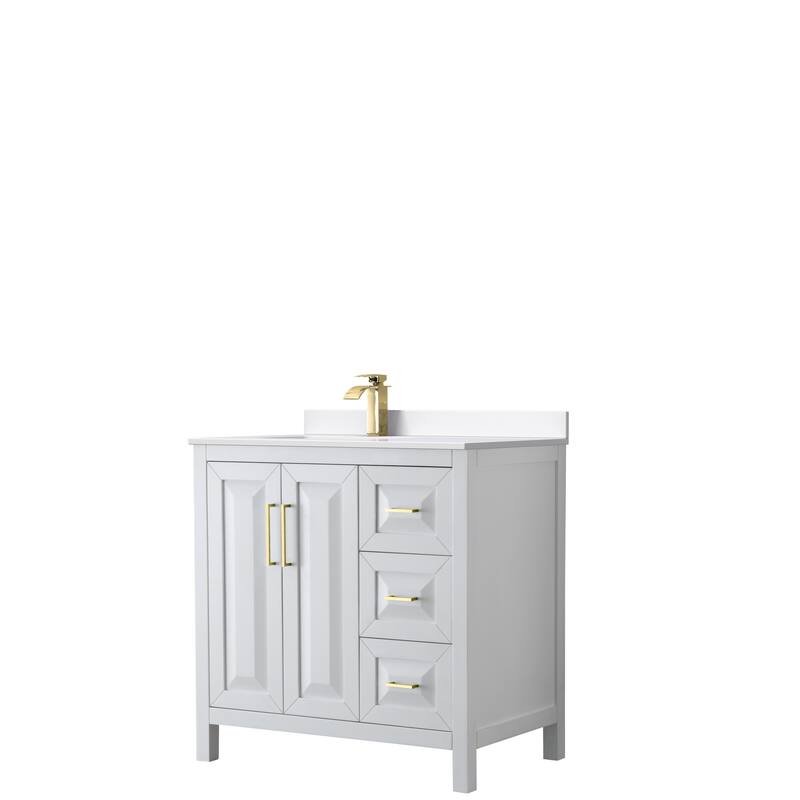 Daria 36-inch Single Vanity, Cultured Marble Top - White, Gold Trim, White Cultured Marble Top