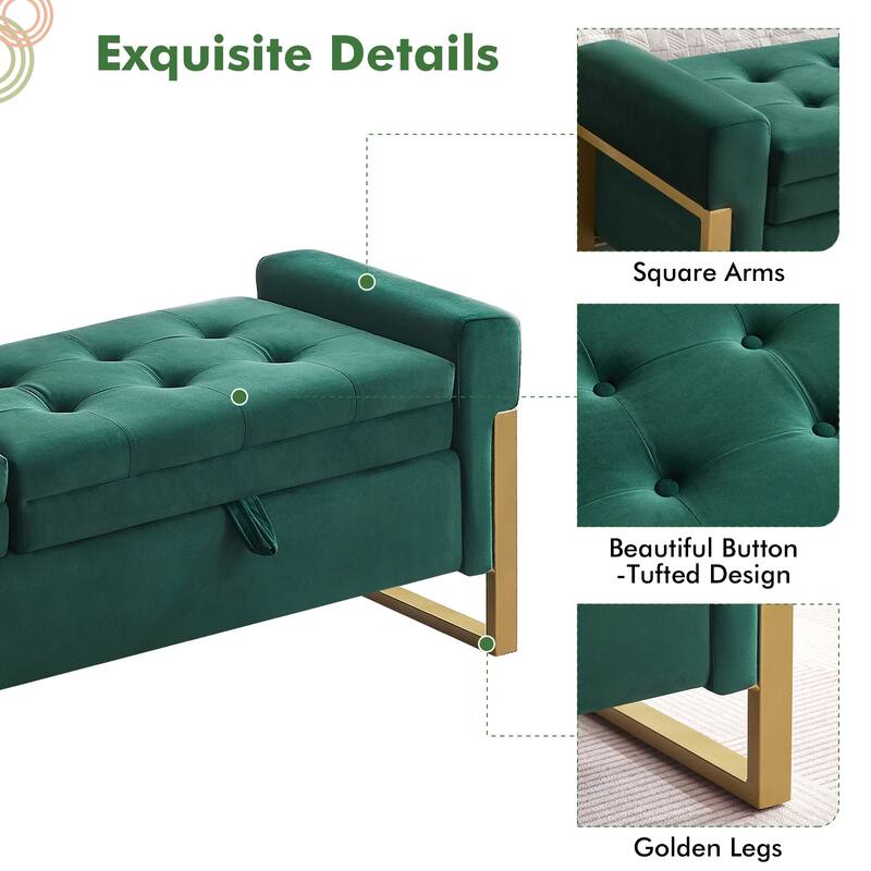 66" Storage Bench for Bedroom End of Bed with Double Lids and Gold Legs