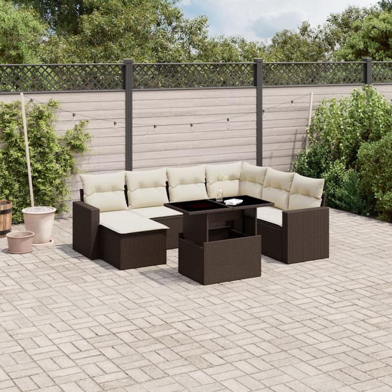 vidaXL Patio Sofa Set with Cushions Outdoor Furniture 8 Piece Poly Rattan - Brown and Cream - 21.7 x 39.4 x 27.2