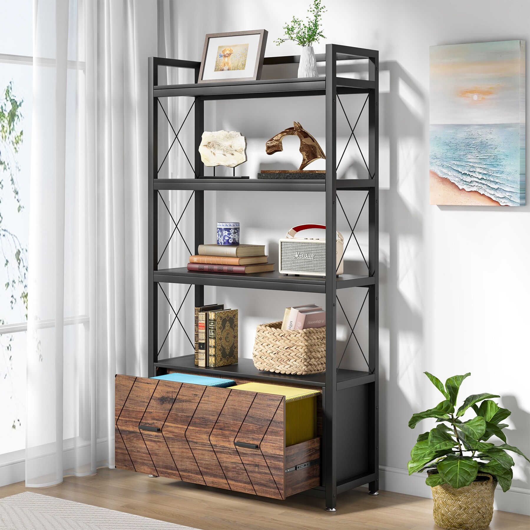 Lateral File Cabinet with Drawer and Bookshelves Printer Stand