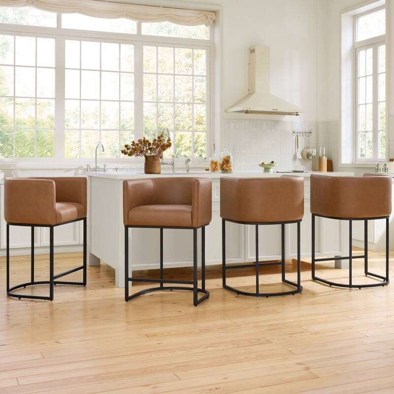 Spruce & Spring Modern Upholstered Barrel Counter Bar Stool with Arm - Set of 4 - Brown