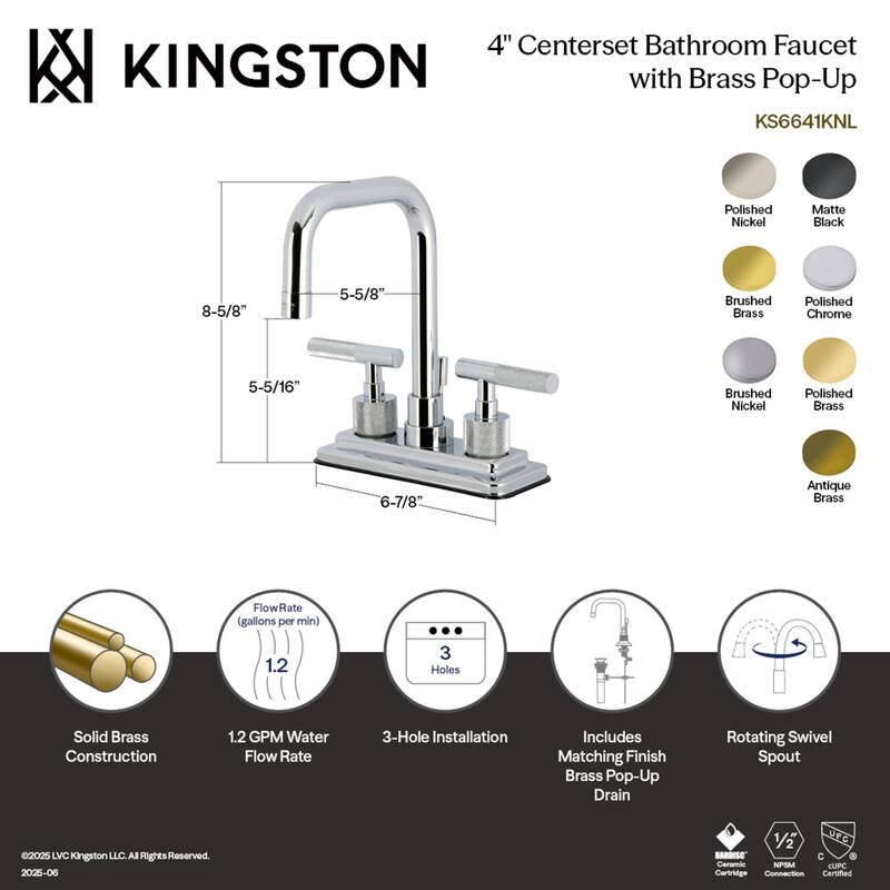 Kingston Brass Convergent Two-Handle 3-Hole Deck Mount 4" Centerset Bathroom Faucet with Knurled Handle and Brass Pop-Up Drain