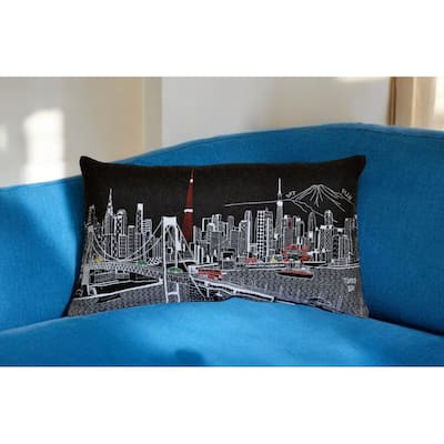 HomeRoots 25" Black Tokyo Nighttime Skyline Lumbar Decorative Pillow