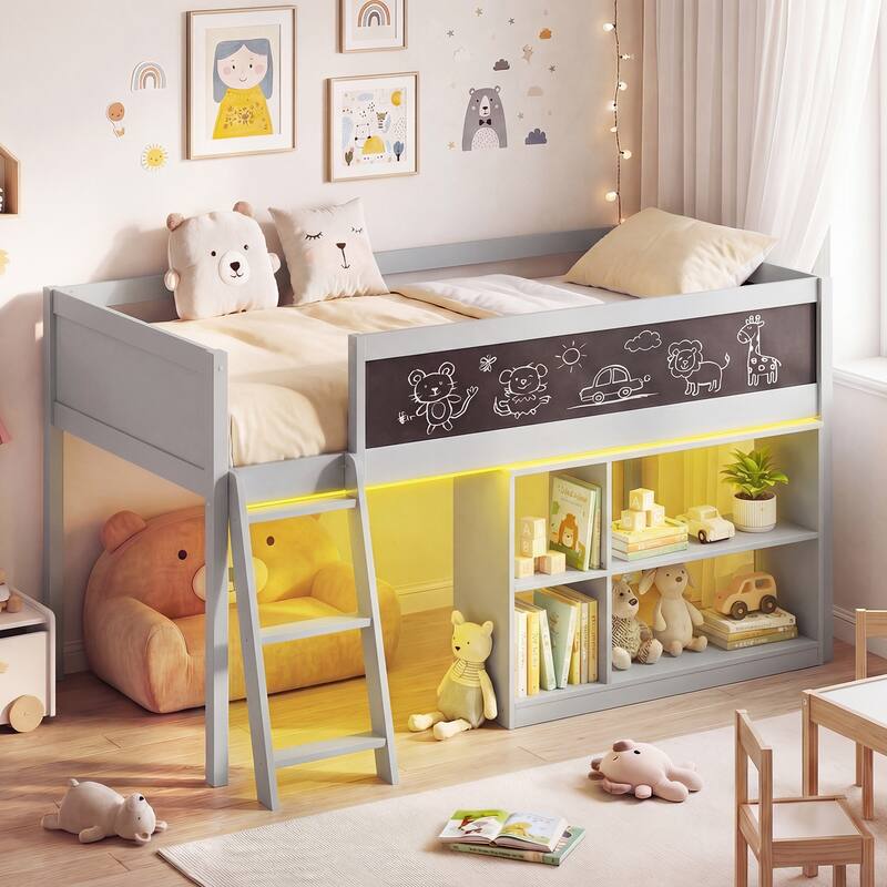 Gymax Kids Loft Bed w/LED Lights Chalkboard & Removable Bookcase