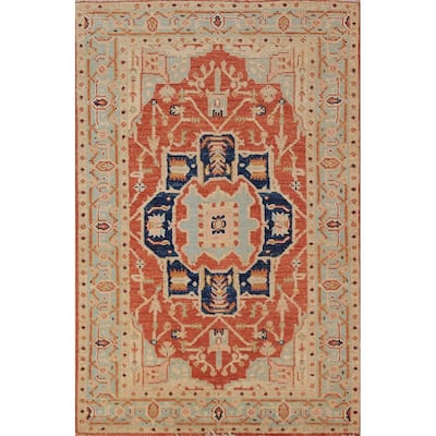 Orange Vegetable Dye Heriz Serapi Rug Hand-Knotted Wool Carpet - 3'1"x 4'10"